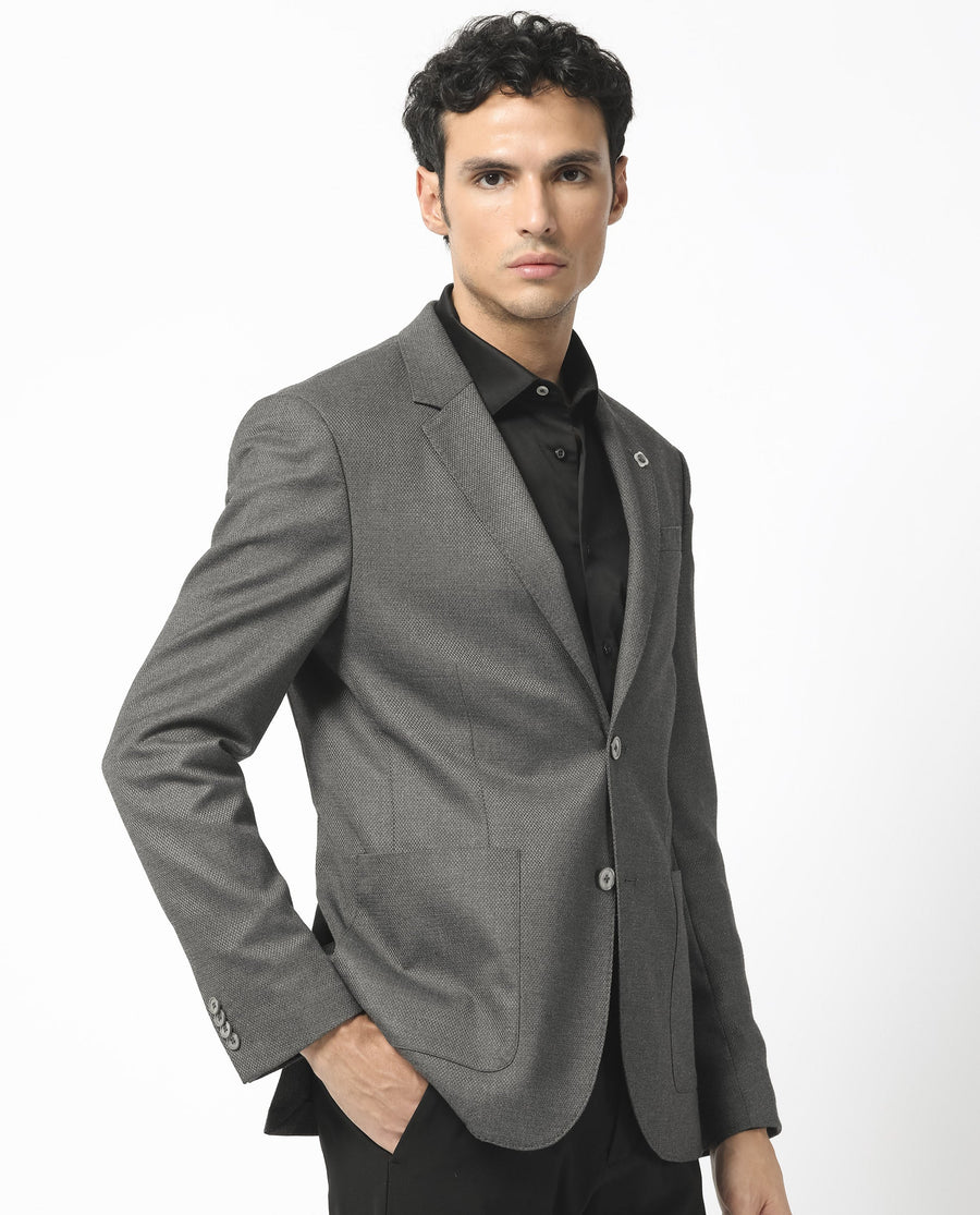 Rare Rabbit Men's Jardo Dark Grey Polyester Plain Tailored Fit Full Sleeve Lapel Neck Blazer
