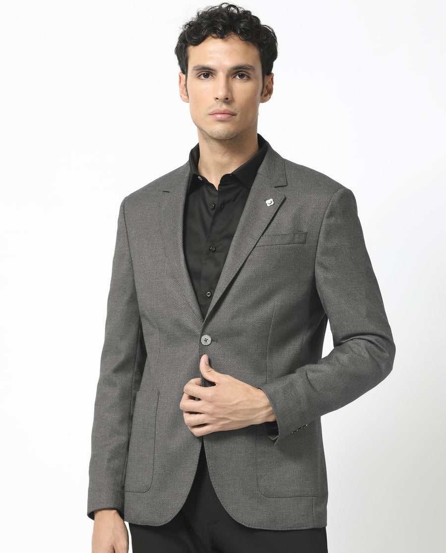 Rare Rabbit Men's Jardo Dark Grey Polyester Plain Tailored Fit Full Sleeve Lapel Neck Blazer