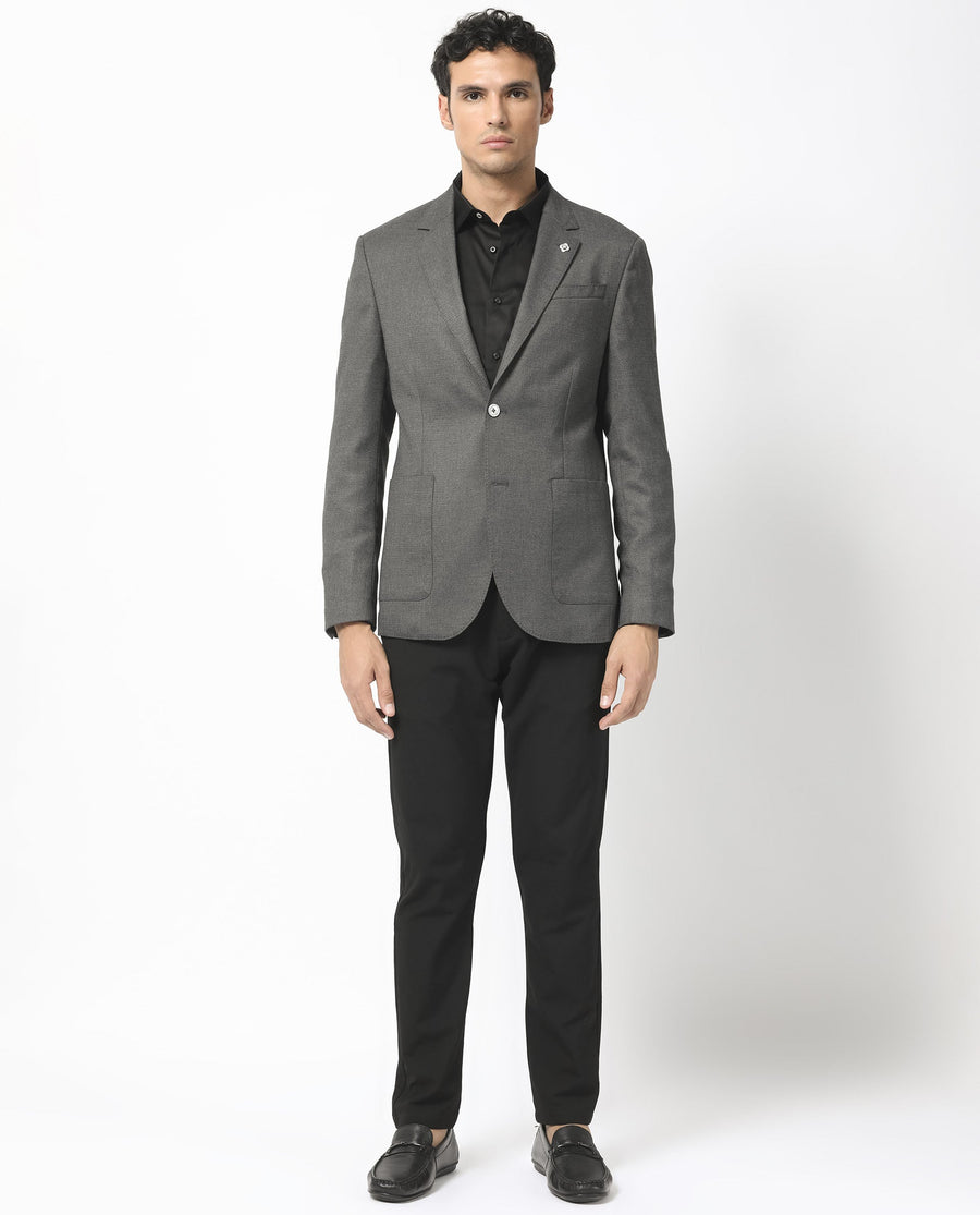 Rare Rabbit Men's Jardo Dark Grey Polyester Plain Tailored Fit Full Sleeve Lapel Neck Blazer