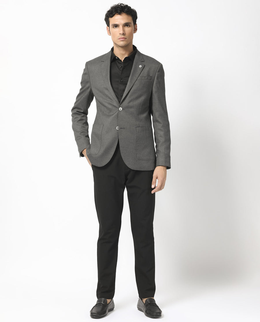 Rare Rabbit Men's Jardo Dark Grey Polyester Plain Tailored Fit Full Sleeve Lapel Neck Blazer