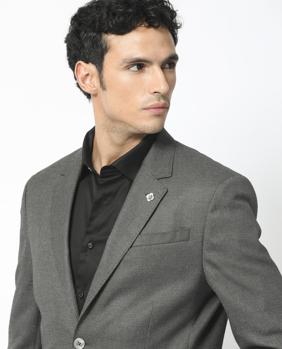 Rare Rabbit Men's Jardo Dark Grey Polyester Plain Tailored Fit Full Sleeve Lapel Neck Blazer