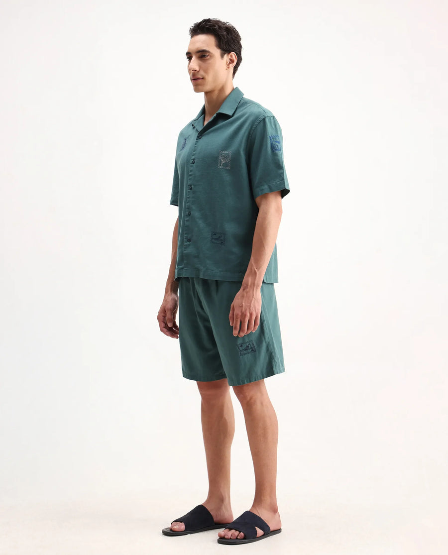 Rare Rabbit Men's Jarny-B Green Cotton Embroidered Regular Fit Shorts