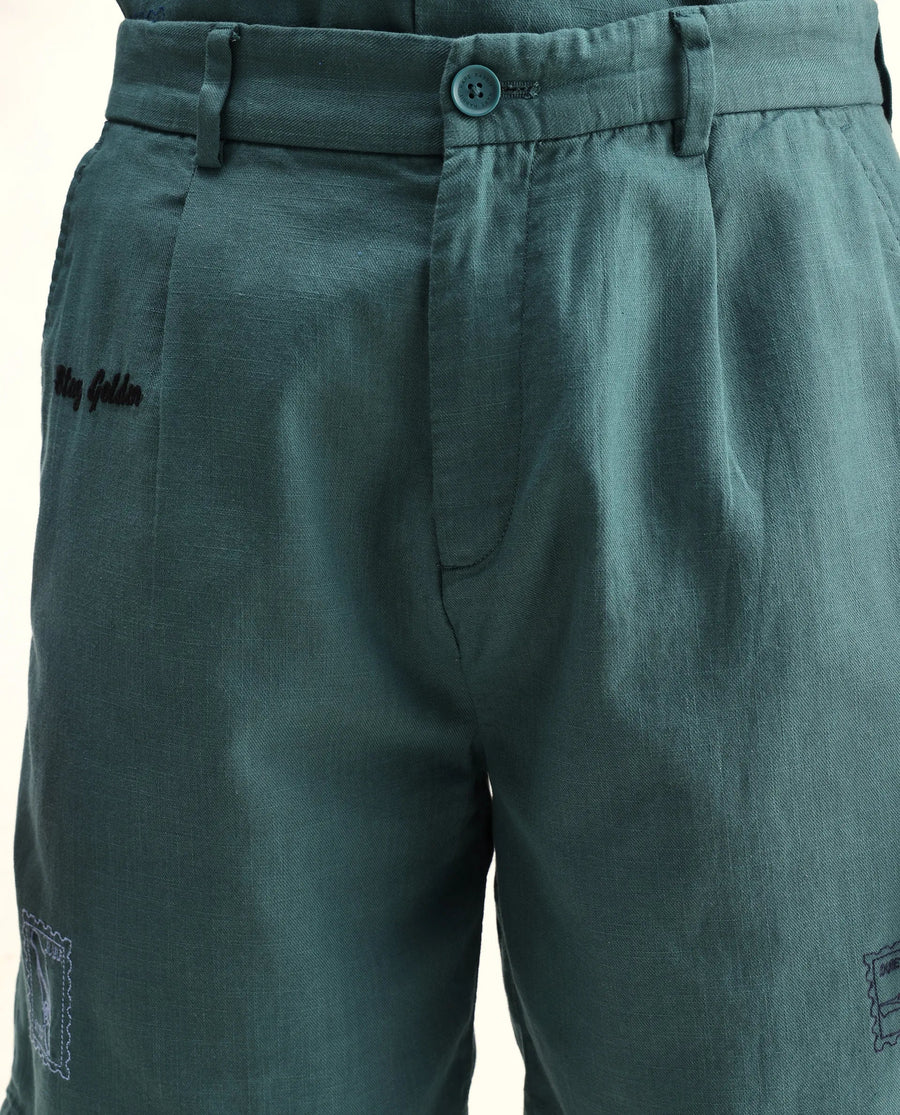 Rare Rabbit Men's Jarny-B Green Cotton Embroidered Regular Fit Shorts