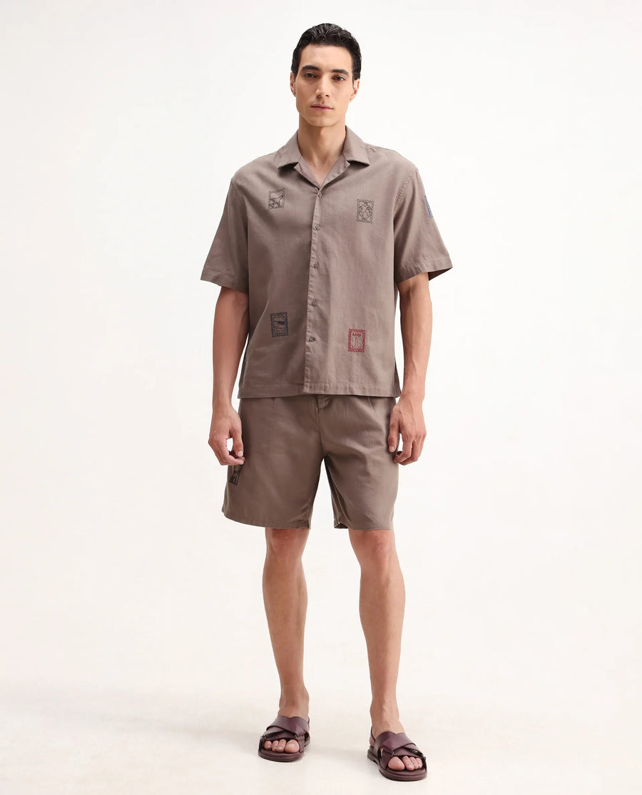 Rare Rabbit Men's Jarny-B Light Brown Linen Blend Embroidered Relaxed Fit Shorts