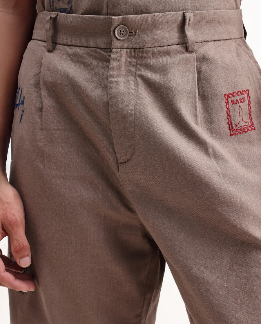Rare Rabbit Men's Jarny-B Light Brown Linen Blend Embroidered Relaxed Fit Shorts