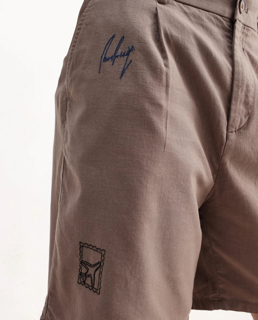 Rare Rabbit Men's Jarny-B Light Brown Linen Blend Embroidered Relaxed Fit Shorts
