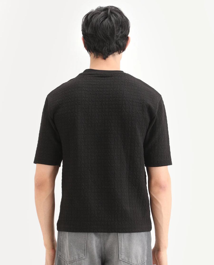 Rare Rabbit Men's Jas-2 Black Polyester Blend Fabric Half Sleeve Crew Neck Oversized Jacquard T-Shirt