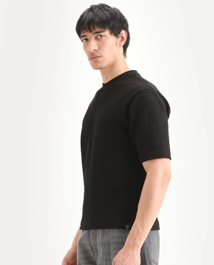 Rare Rabbit Men's Jas-2 Black Polyester Blend Fabric Half Sleeve Crew Neck Oversized Jacquard T-Shirt