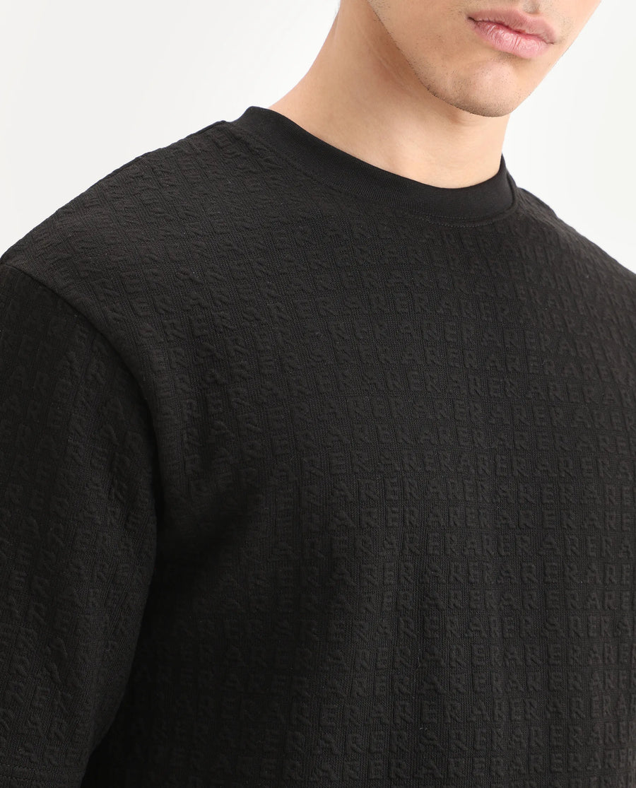 Rare Rabbit Men's Jas-2 Black Polyester Blend Fabric Half Sleeve Crew Neck Oversized Jacquard T-Shirt