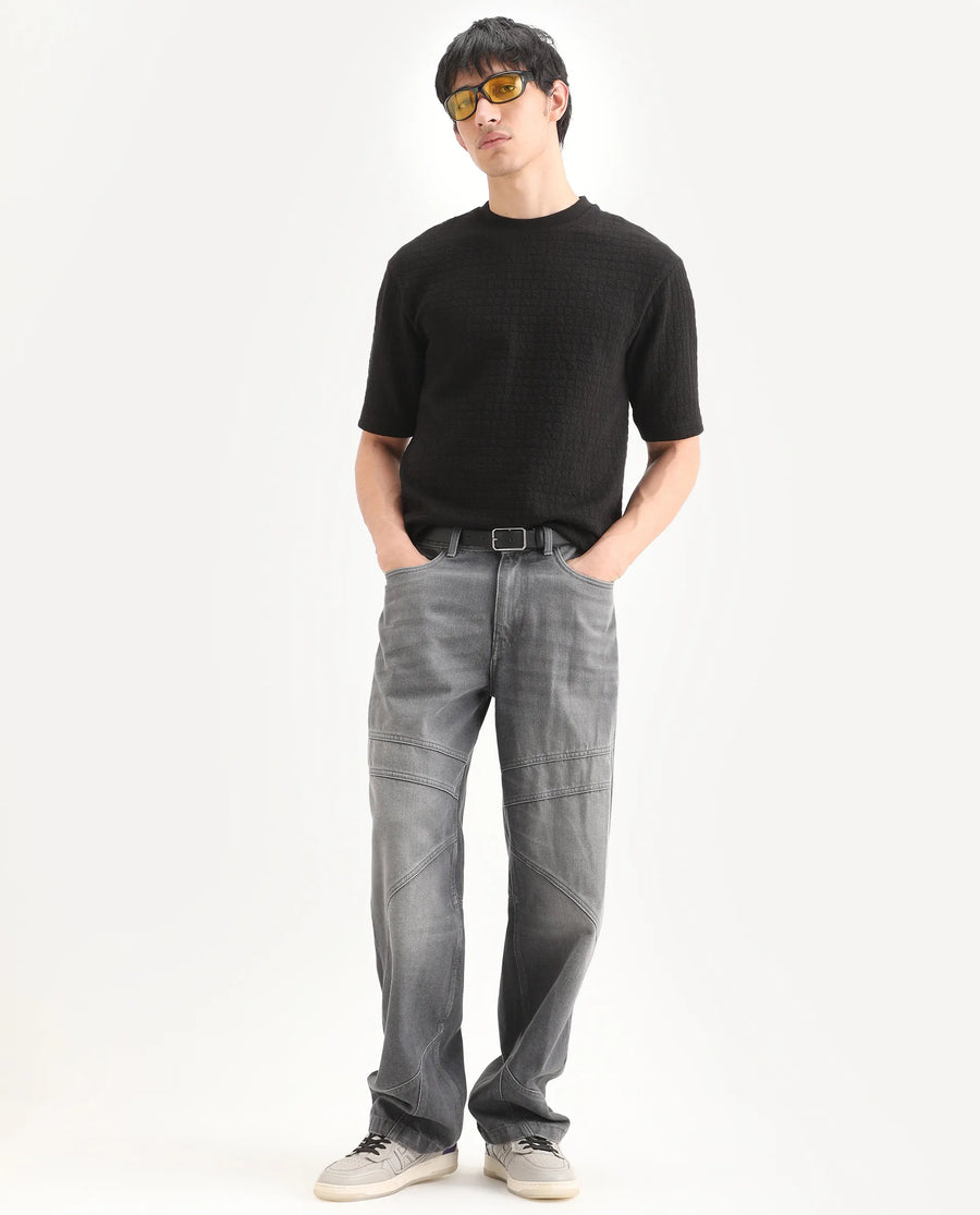 Rare Rabbit Men's Jas-2 Black Polyester Blend Fabric Half Sleeve Crew Neck Oversized Jacquard T-Shirt