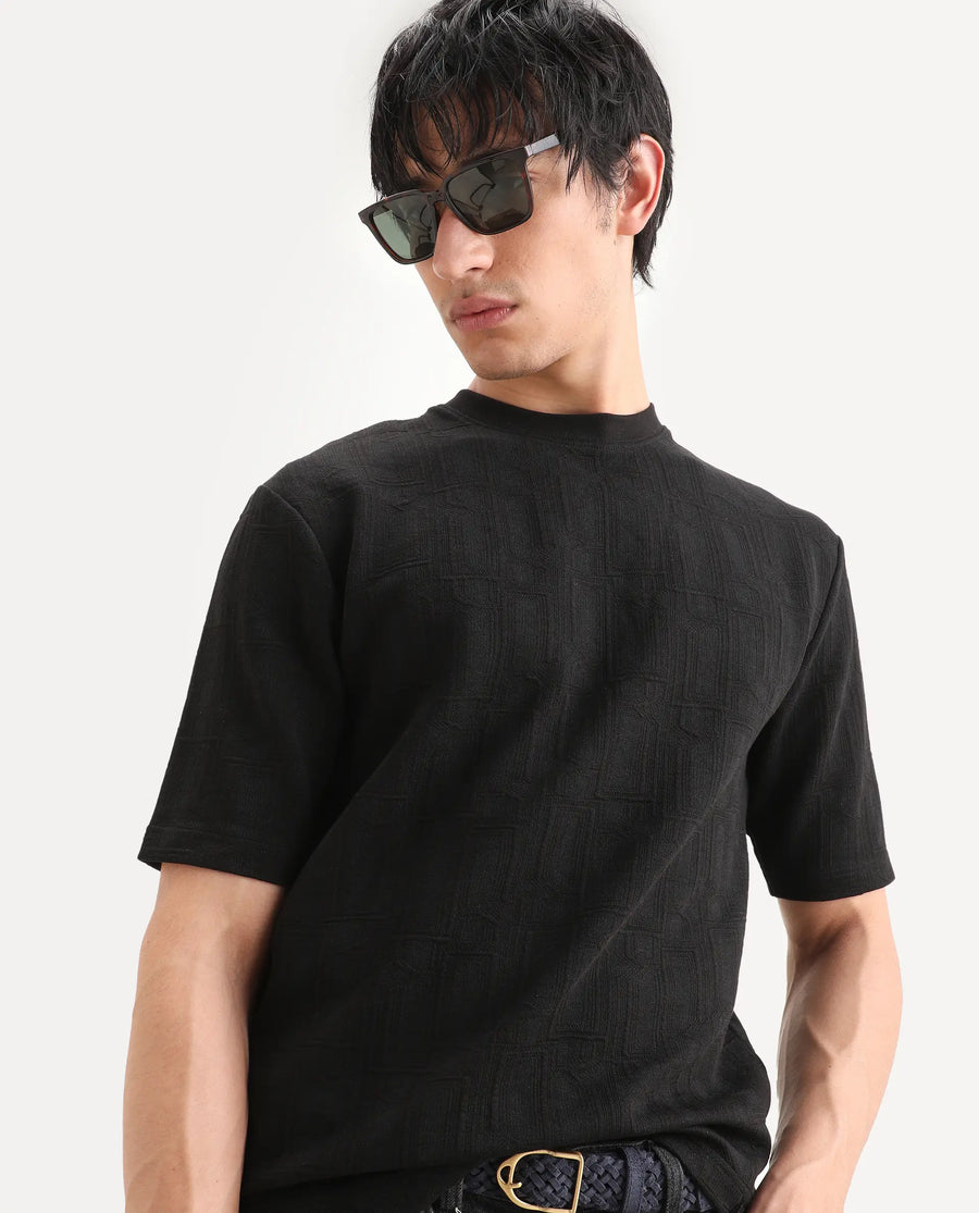 Rare Rabbit Men's Jas-1 Black Polyester Blend Fabric Half Sleeve Crew Neck Oversized Jacquard T-Shirt