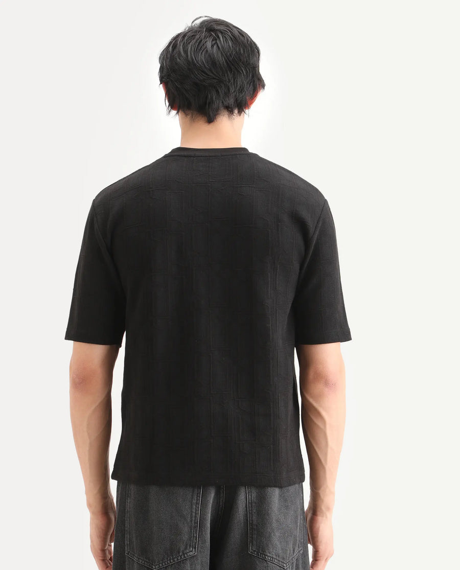 Rare Rabbit Men's Jas-1 Black Polyester Blend Fabric Half Sleeve Crew Neck Oversized Jacquard T-Shirt