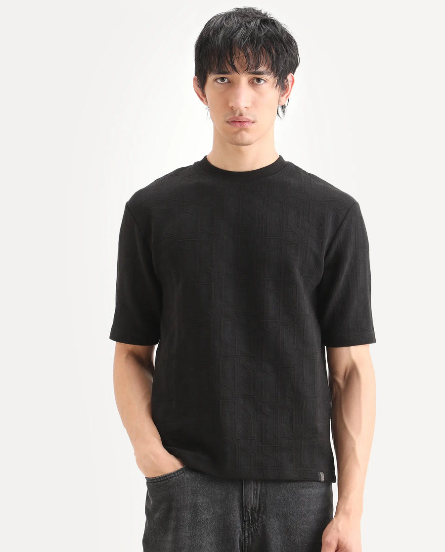 Rare Rabbit Men's Jas-1 Black Polyester Blend Fabric Half Sleeve Crew Neck Oversized Jacquard T-Shirt