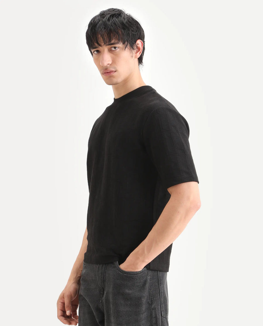 Rare Rabbit Men's Jas-1 Black Polyester Blend Fabric Half Sleeve Crew Neck Oversized Jacquard T-Shirt