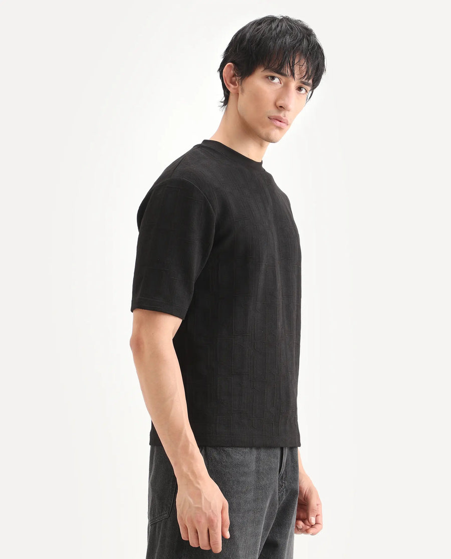 Rare Rabbit Men's Jas-1 Black Polyester Blend Fabric Half Sleeve Crew Neck Oversized Jacquard T-Shirt