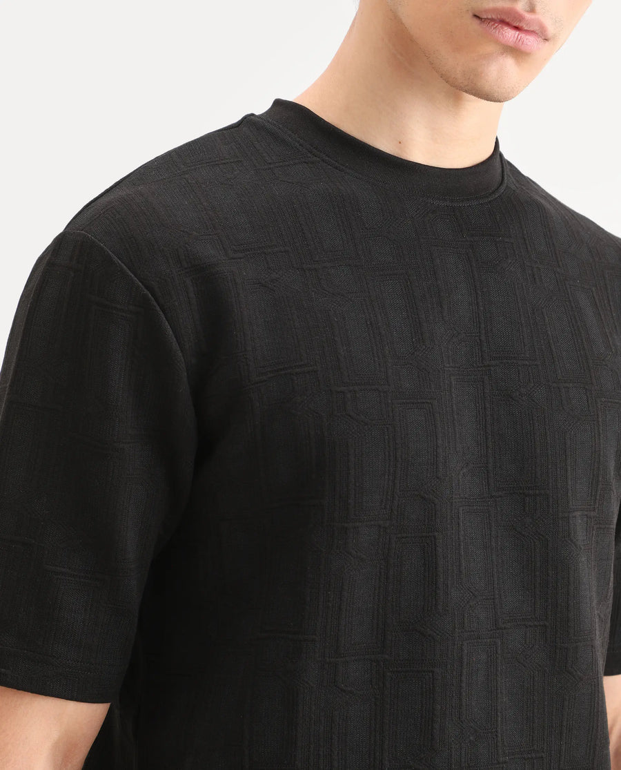 Rare Rabbit Men's Jas-1 Black Polyester Blend Fabric Half Sleeve Crew Neck Oversized Jacquard T-Shirt