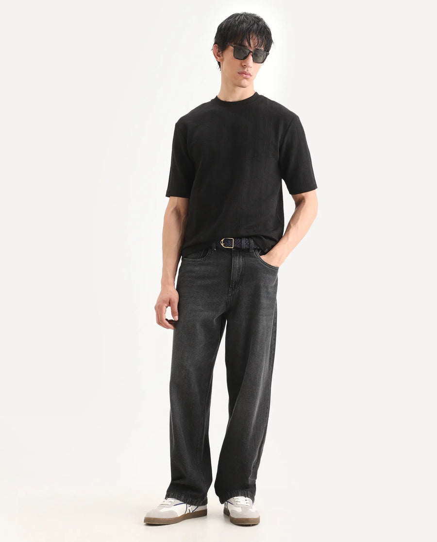 Rare Rabbit Men's Jas-1 Black Polyester Blend Fabric Half Sleeve Crew Neck Oversized Jacquard T-Shirt