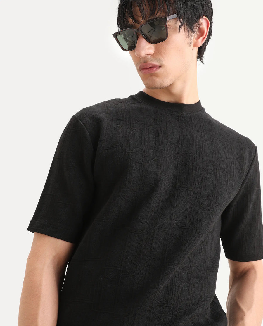 Rare Rabbit Men's Jas-1 Black Polyester Blend Fabric Half Sleeve Crew Neck Oversized Jacquard T-Shirt