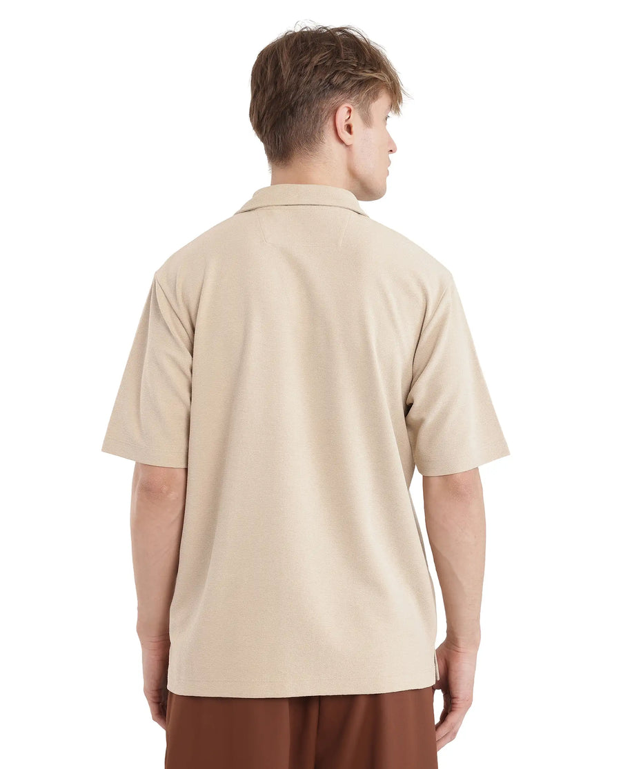 Rare Rabbit Men's Jawal Beige Cotton Blend Plain Oversized Fit Half Sleeve Polo