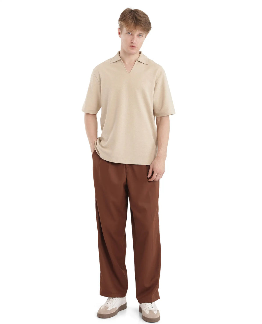 Rare Rabbit Men's Jawal Beige Cotton Blend Plain Oversized Fit Half Sleeve Polo