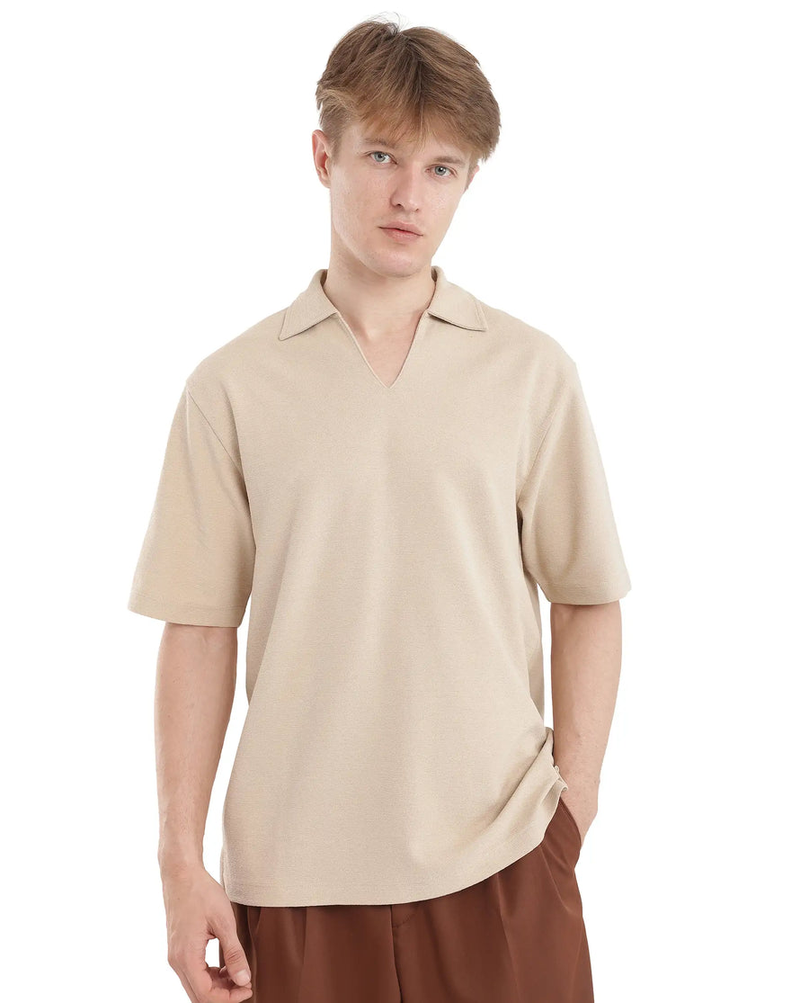 Rare Rabbit Men's Jawal Beige Cotton Blend Plain Oversized Fit Half Sleeve Polo