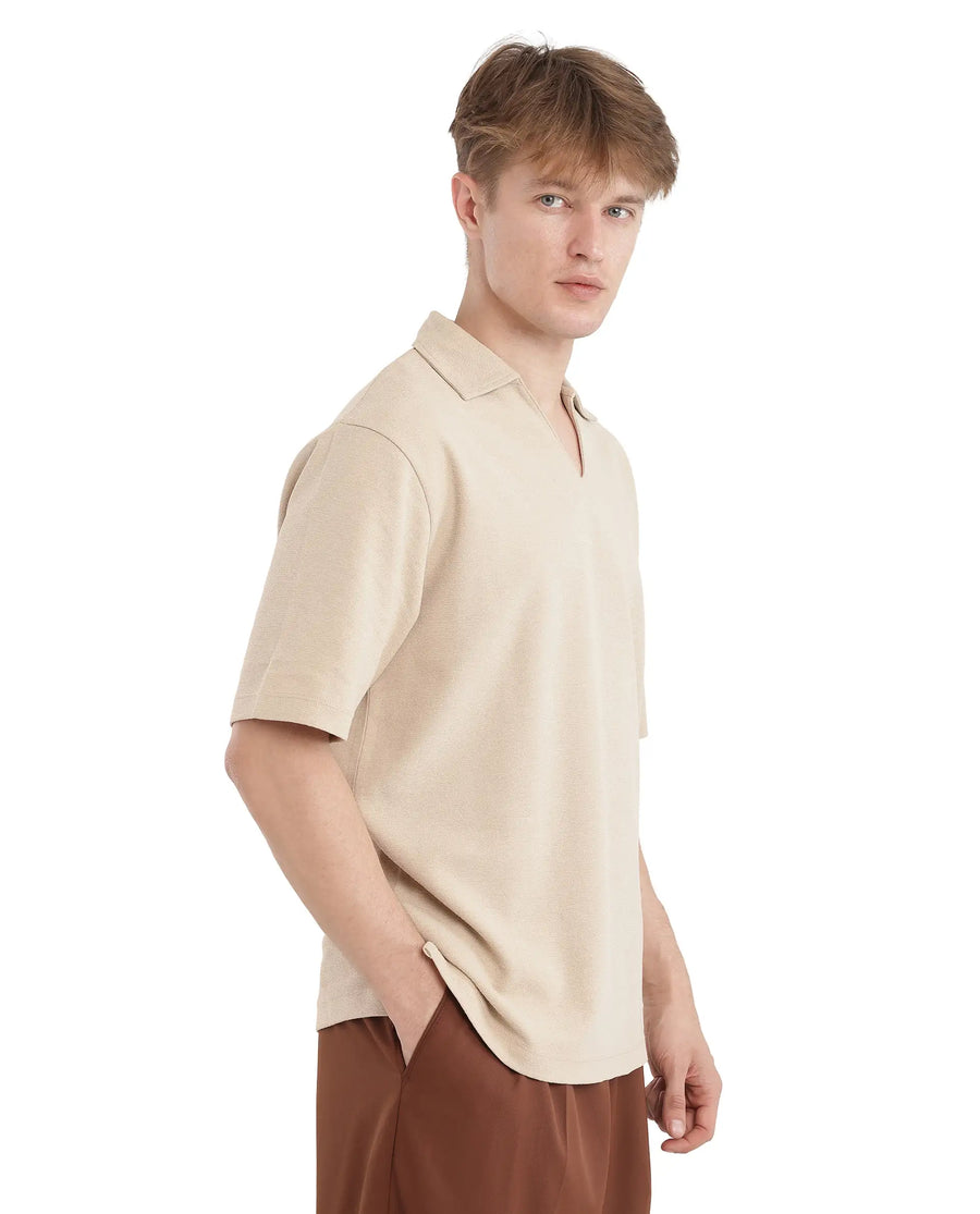 Rare Rabbit Men's Jawal Beige Cotton Blend Plain Oversized Fit Half Sleeve Polo