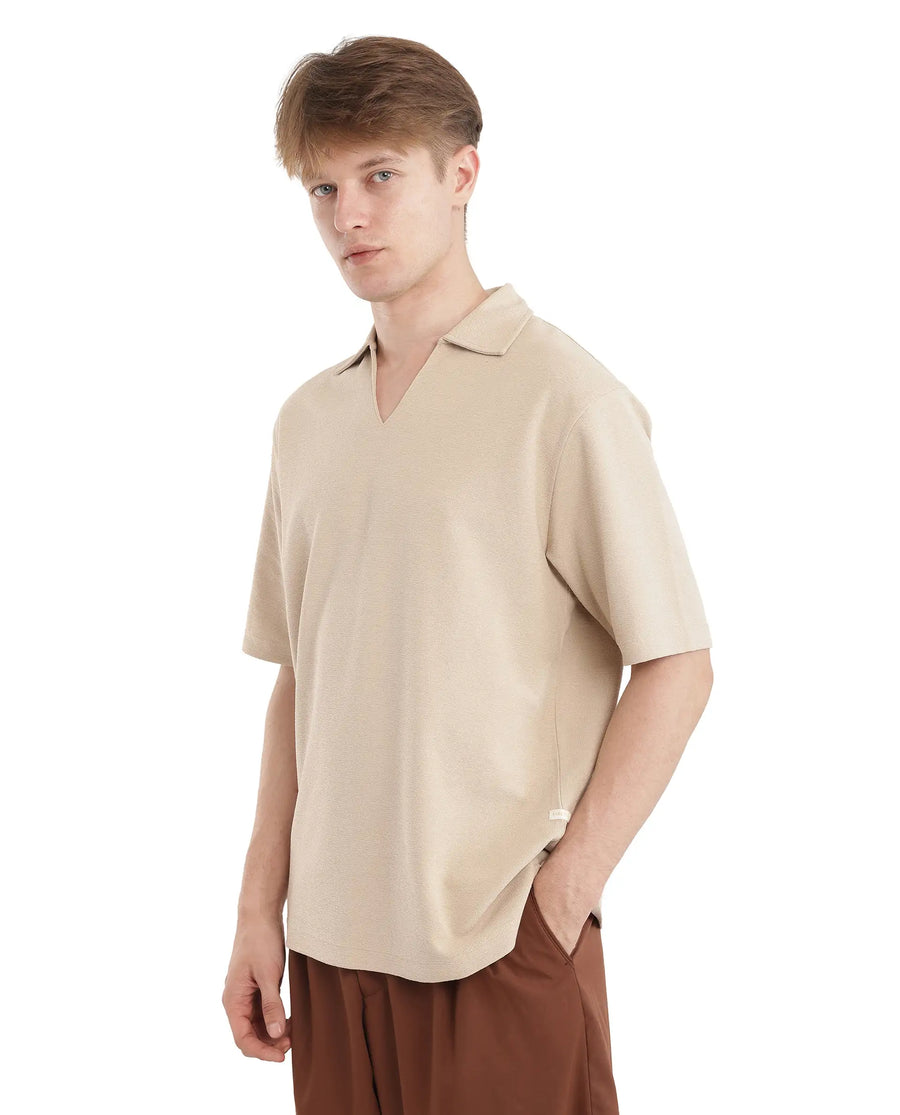 Rare Rabbit Men's Jawal Beige Cotton Blend Plain Oversized Fit Half Sleeve Polo