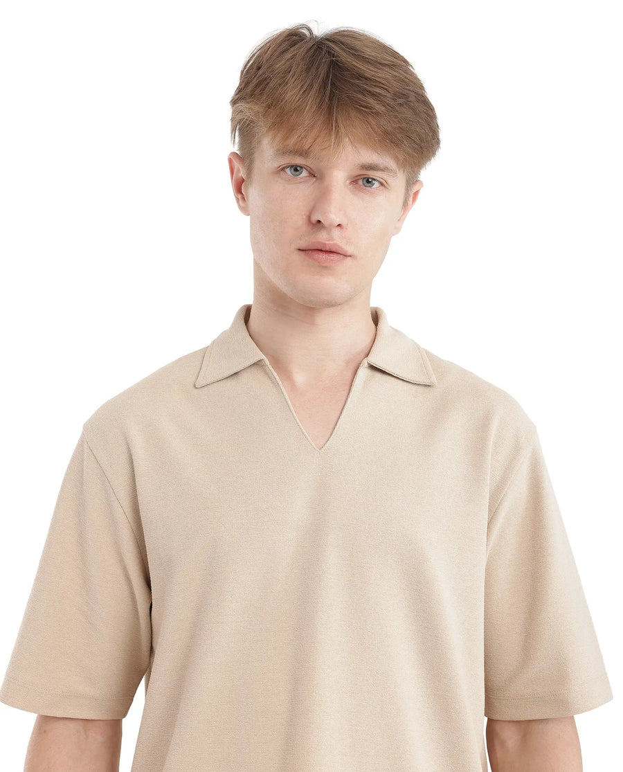 Rare Rabbit Men's Jawal Beige Cotton Blend Plain Oversized Fit Half Sleeve Polo