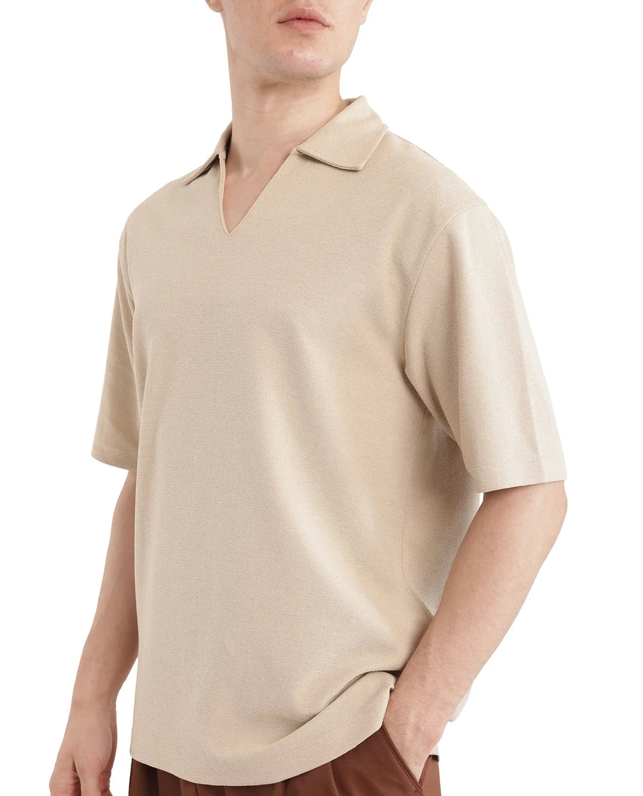 Rare Rabbit Men's Jawal Beige Cotton Blend Plain Oversized Fit Half Sleeve Polo
