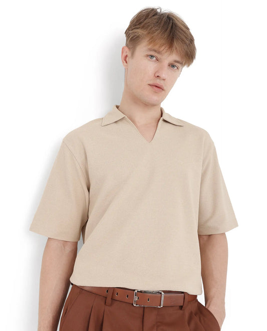 Rare Rabbit Men's Jawal Beige Cotton Blend Plain Oversized Fit Half Sleeve Polo