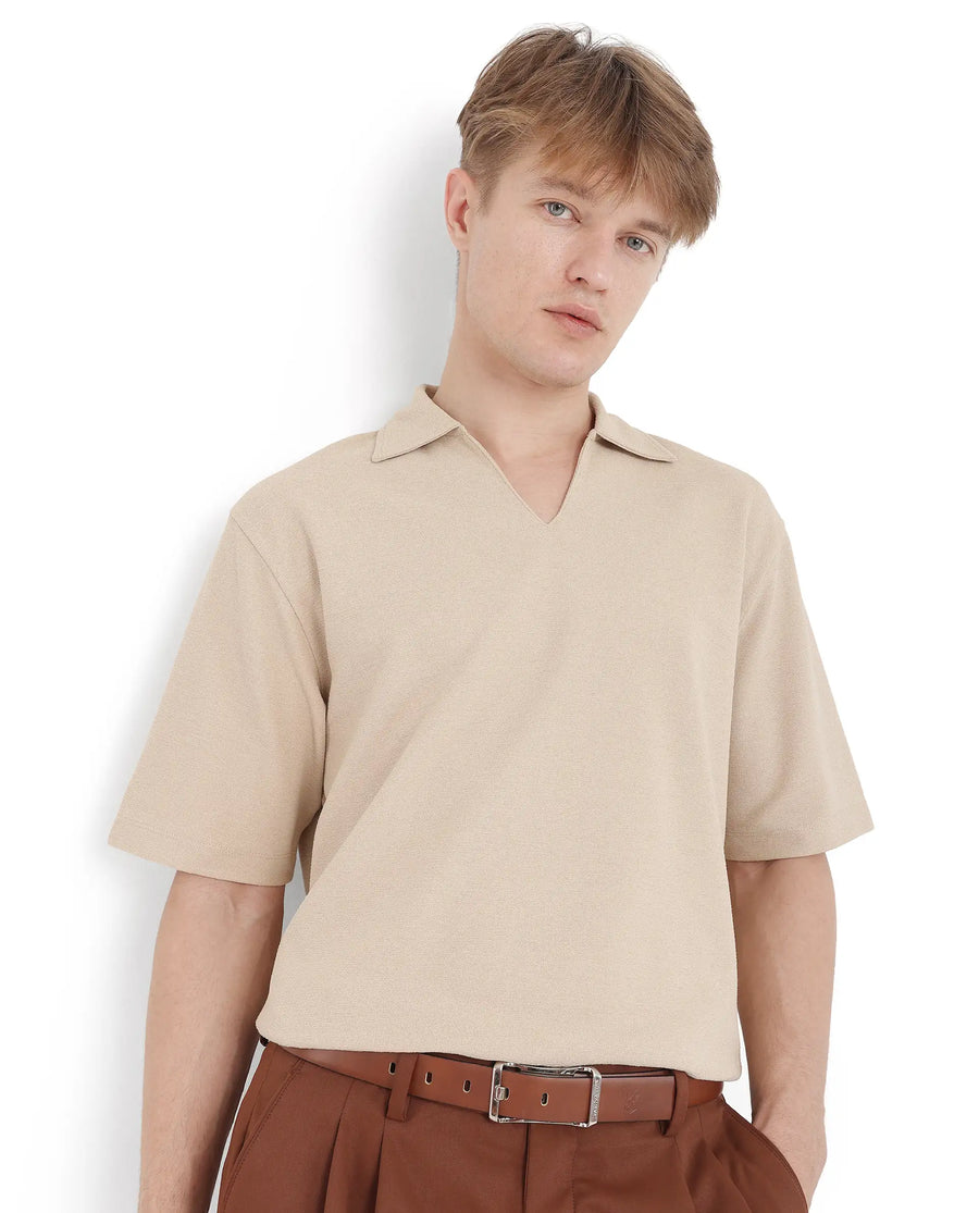 Rare Rabbit Men's Jawal Beige Cotton Blend Plain Oversized Fit Half Sleeve Polo