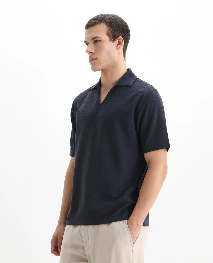 Rare Rabbit Men's Jawal Navy Cotton Blend Plain Oversized Fit Half Sleeve Polo