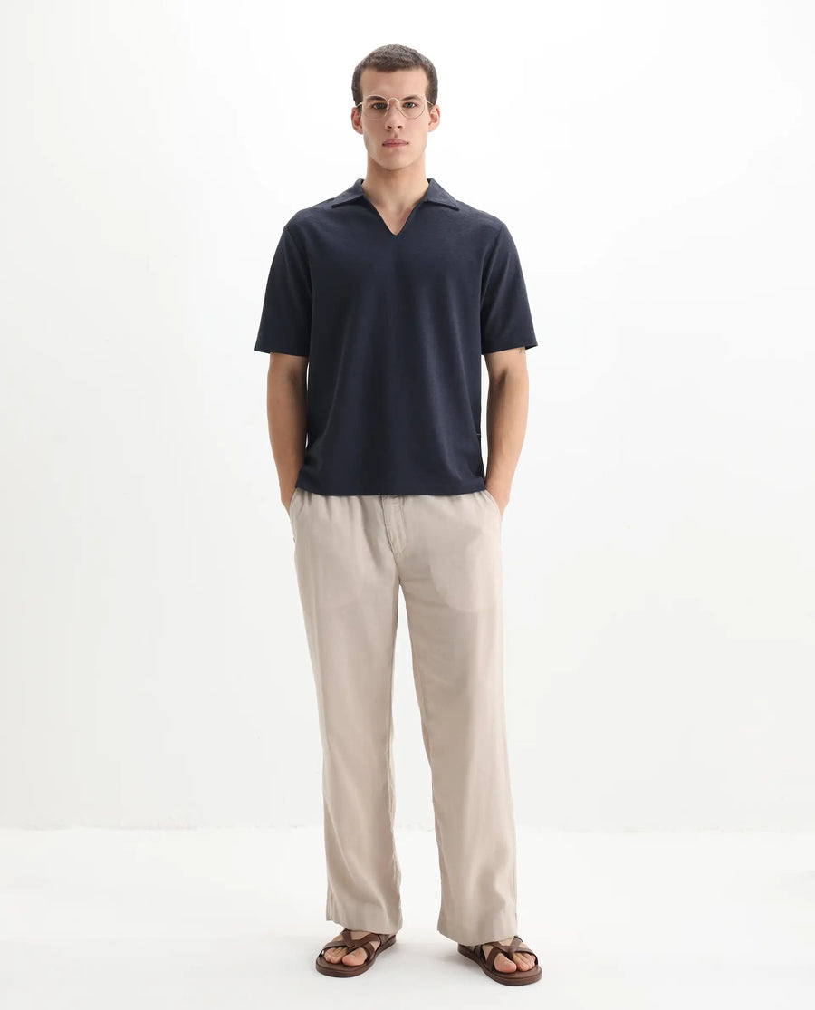 Rare Rabbit Men's Jawal Navy Cotton Blend Plain Oversized Fit Half Sleeve Polo