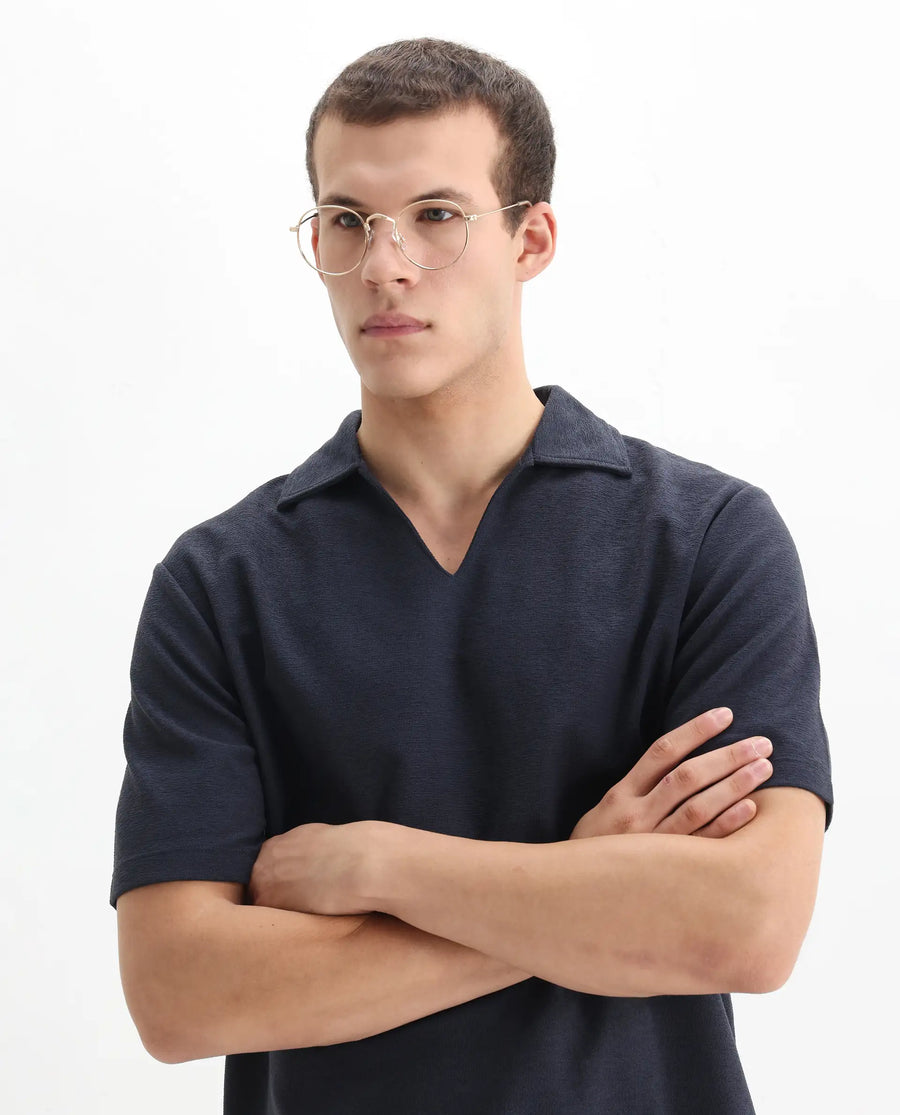Rare Rabbit Men's Jawal Navy Cotton Blend Plain Oversized Fit Half Sleeve Polo