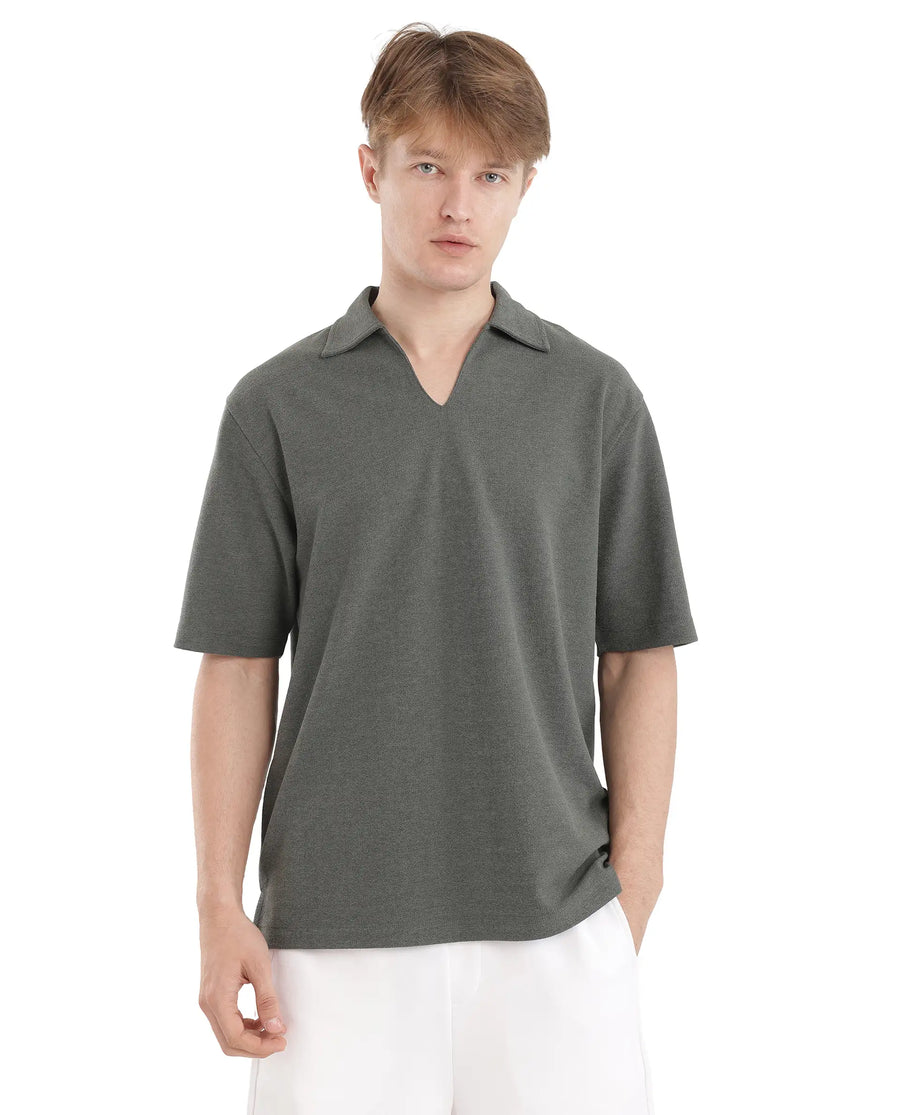 Rare Rabbit Men's Jawal Olive Cotton Blend Plain Oversized Fit Half Sleeve Polo