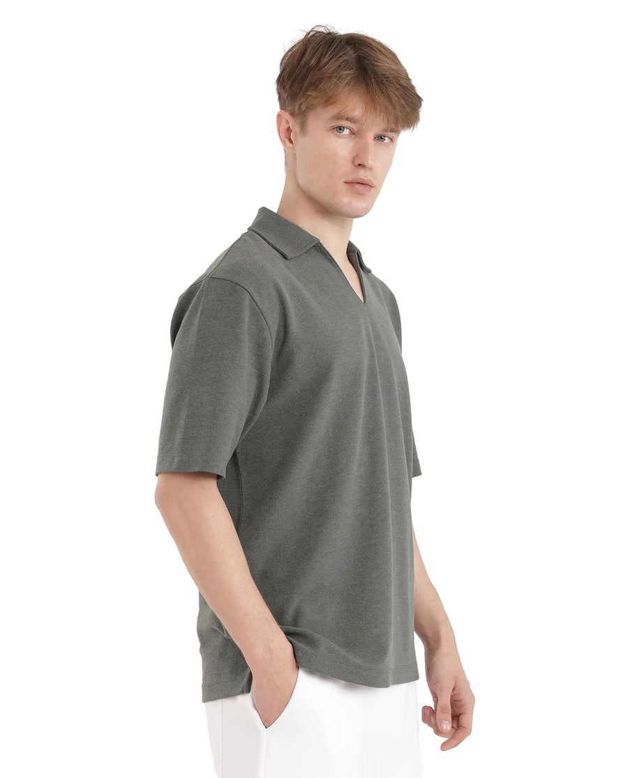 Rare Rabbit Men's Jawal Olive Cotton Blend Plain Oversized Fit Half Sleeve Polo
