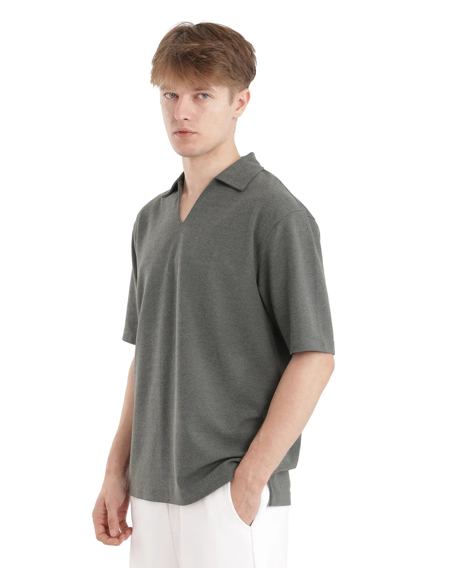 Rare Rabbit Men's Jawal Olive Cotton Blend Plain Oversized Fit Half Sleeve Polo