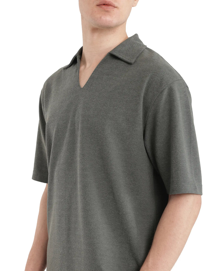Rare Rabbit Men's Jawal Olive Cotton Blend Plain Oversized Fit Half Sleeve Polo
