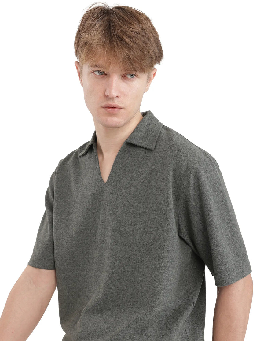 Rare Rabbit Men's Jawal Olive Cotton Blend Plain Oversized Fit Half Sleeve Polo
