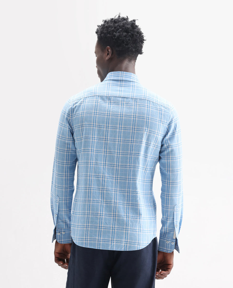 Rare Rabbit Men's Jaze Blue 100% Linen Checked Print Regular Fit Full Sleeve Collared Shirt
