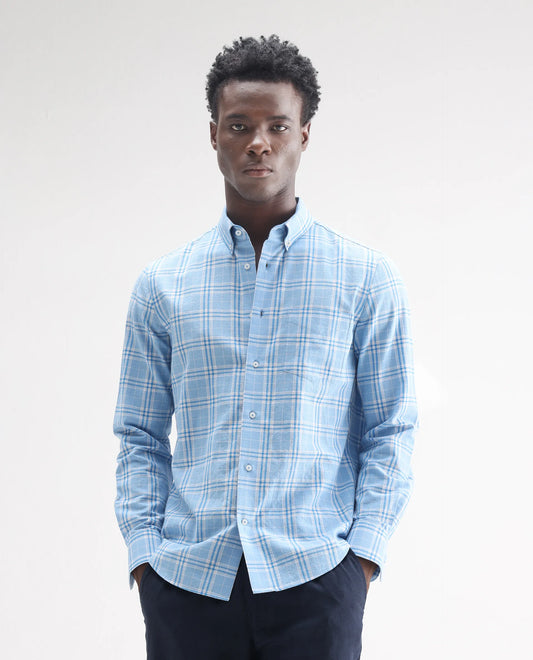 Rare Rabbit Men's Jaze Blue 100% Linen Checked Print Regular Fit Full Sleeve Collared Shirt