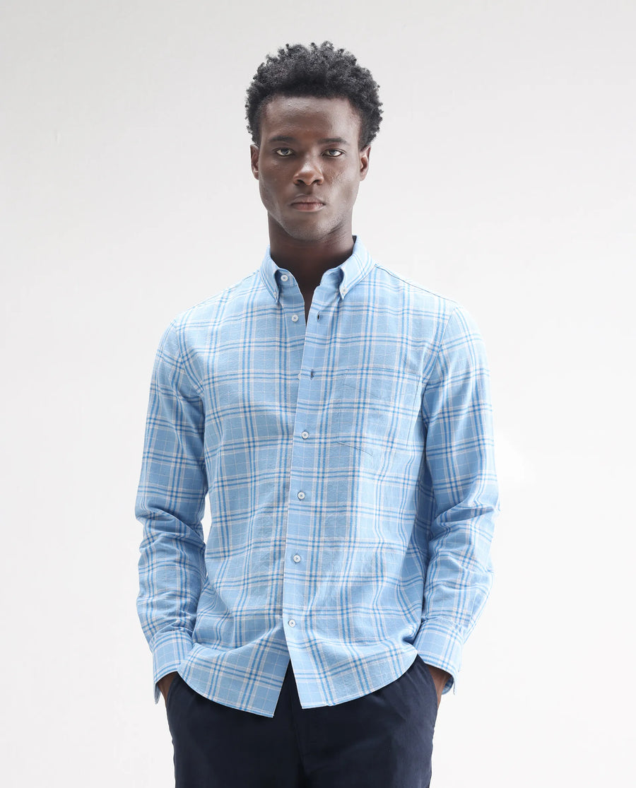 Rare Rabbit Men's Jaze Blue 100% Linen Checked Print Regular Fit Full Sleeve Collared Shirt