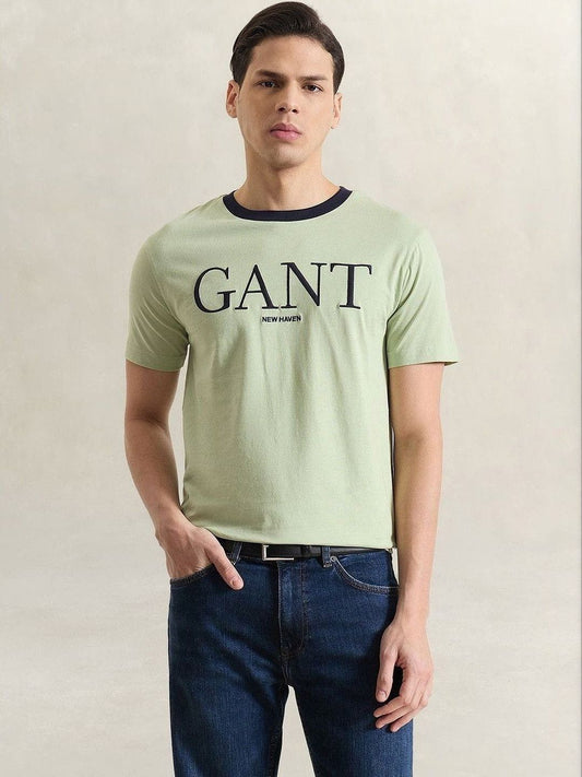 Gant Men Green Solid Regular Fit Pure Cotton T-Shirt
