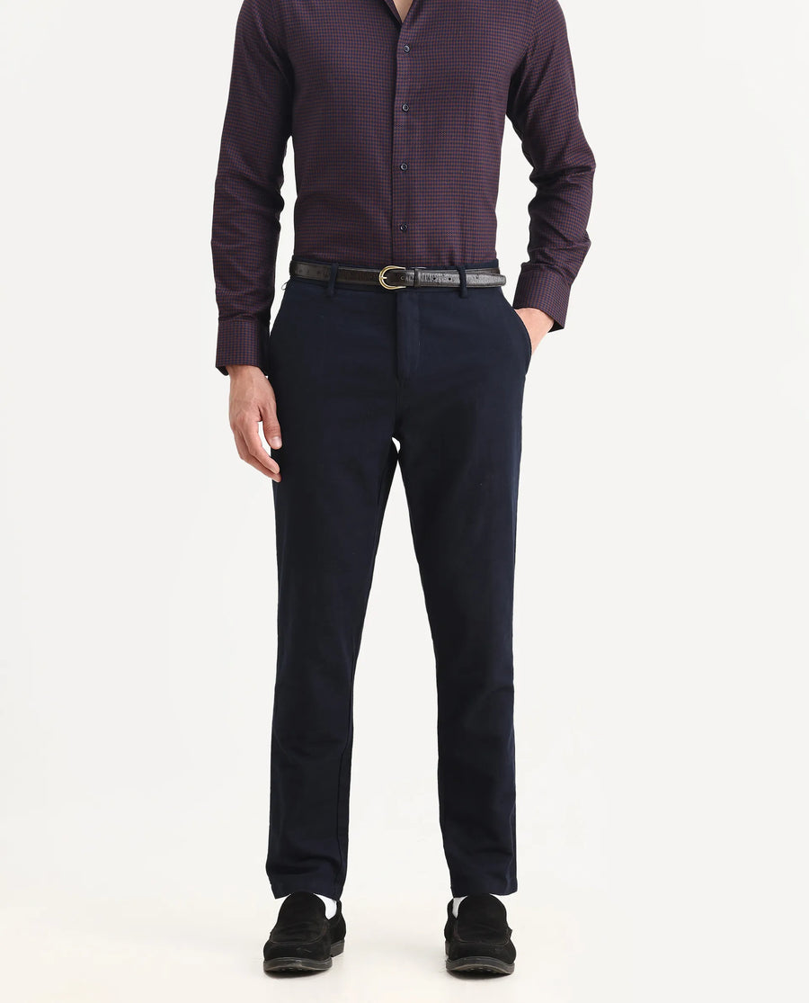 Rare Rabbit Men's Jeck-1 Navy Cotton Jacquard Regular Fit Trouser