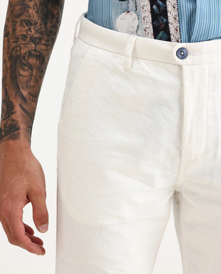 Rare Rabbit Men's Jeck-24 White Cotton Jacquard Regular Fit Trouser