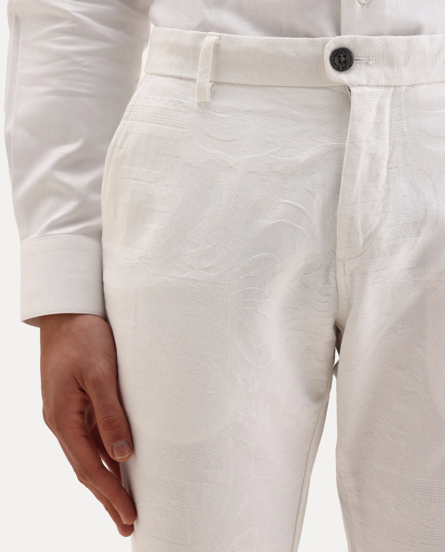 Rare Rabbit Men's Jeck-2 White Cotton Jacquard Regular Fit Trouser