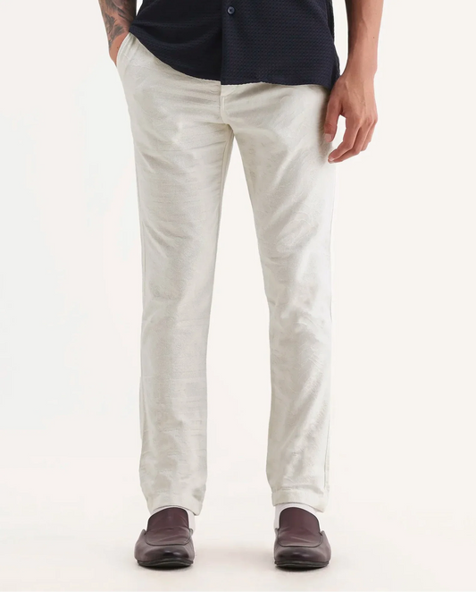 Rare Rabbit Men Jeck-Aw25 White Cotton Fabric Button And Zip Closure Closure Jacquard Trouser