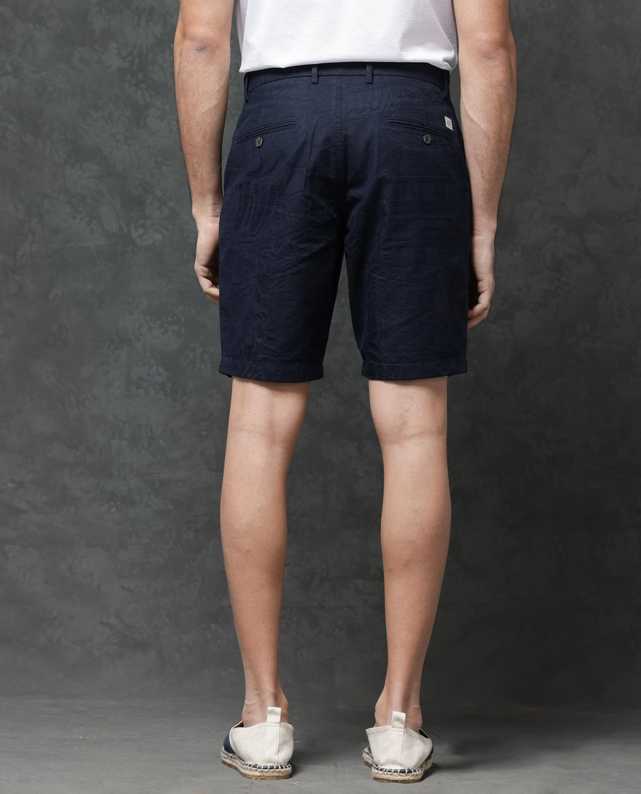 Rare Rabbit Men's Jecky Navy Cotton Jacquard Relaxed Fit Shorts