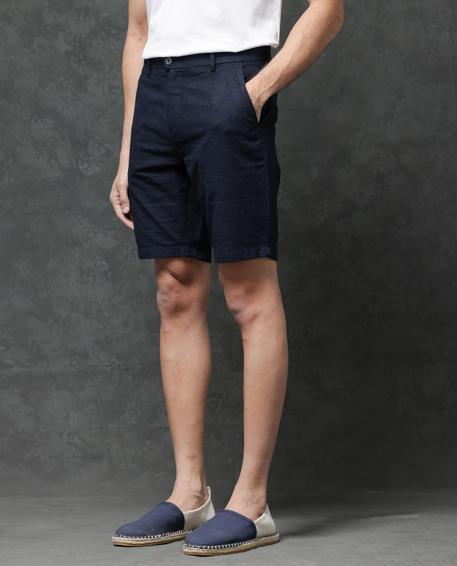 Rare Rabbit Men's Jecky Navy Cotton Jacquard Relaxed Fit Shorts