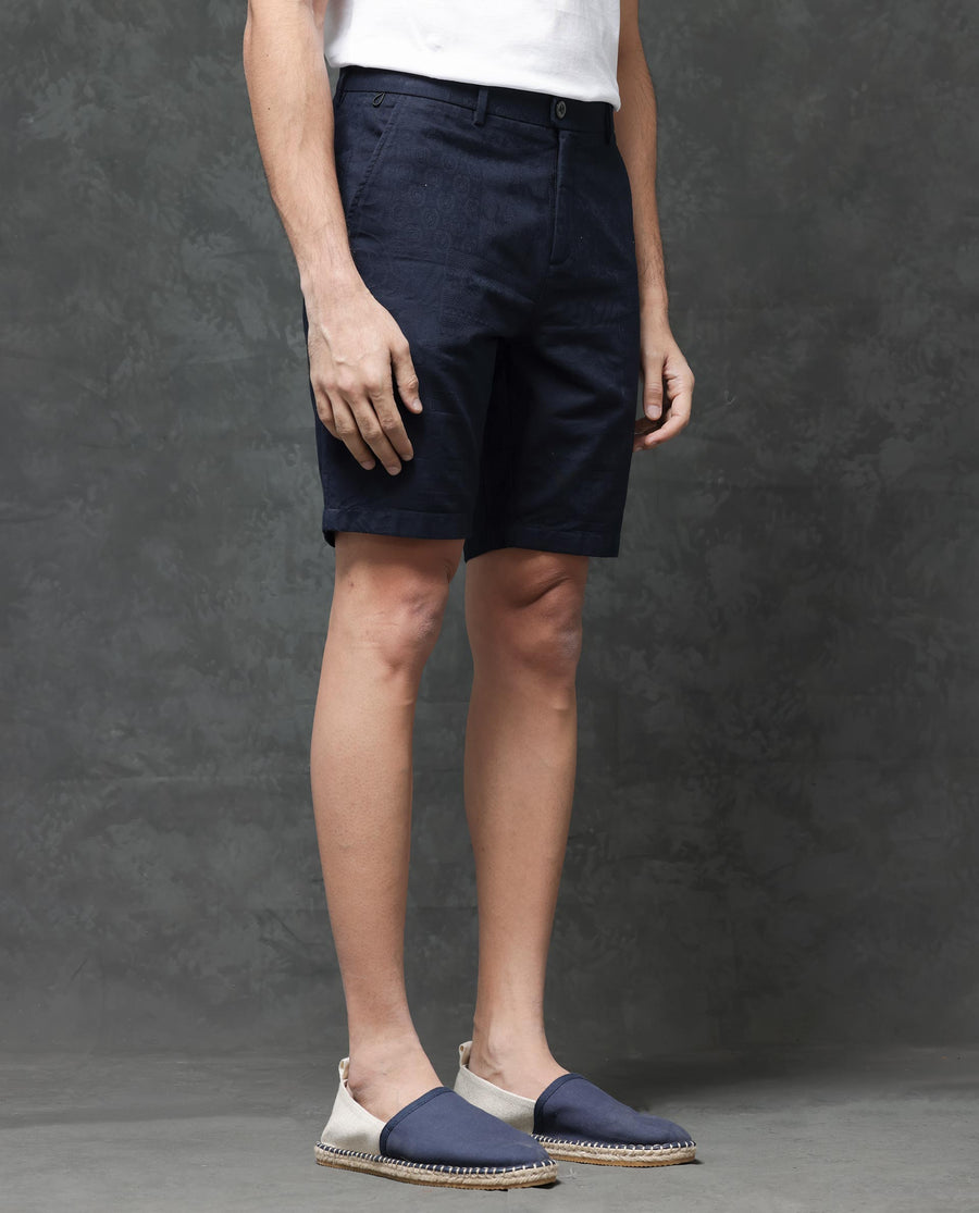 Rare Rabbit Men's Jecky Navy Cotton Jacquard Relaxed Fit Shorts
